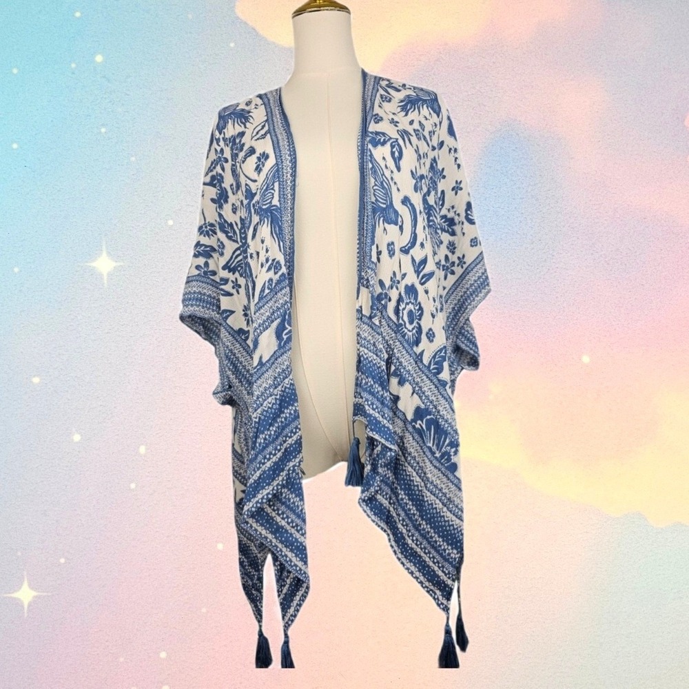 Kimono‎ Wrap Women OS Blue White Excellent Bird Floral Tassel Boho